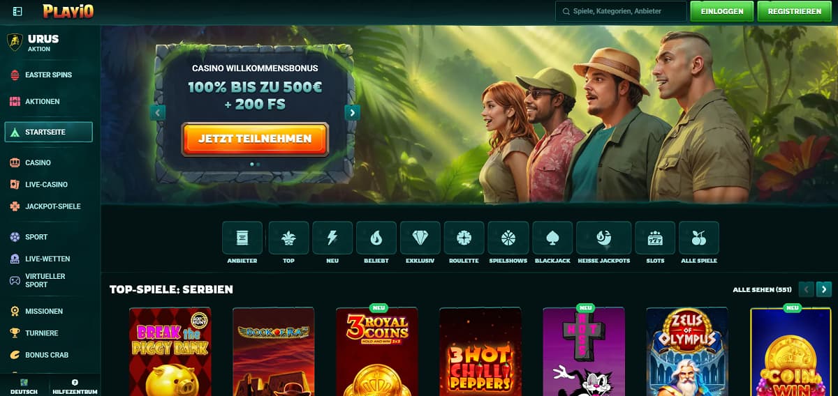 Screenshot der PlayIO Casino-Startseite mit dem Angebot '100% bis zu 500€ + 200 Freispiele + 1 Bonus Crab' und beliebten Slot-Spielen.